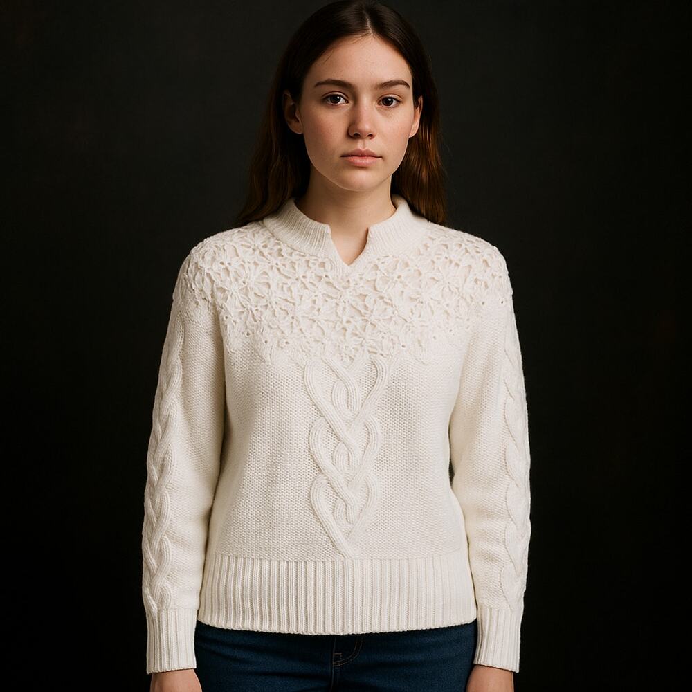 Sarah Taylor Collection VTG SZ M Cable Knit Cream Sweater Crochet Pearls 80's